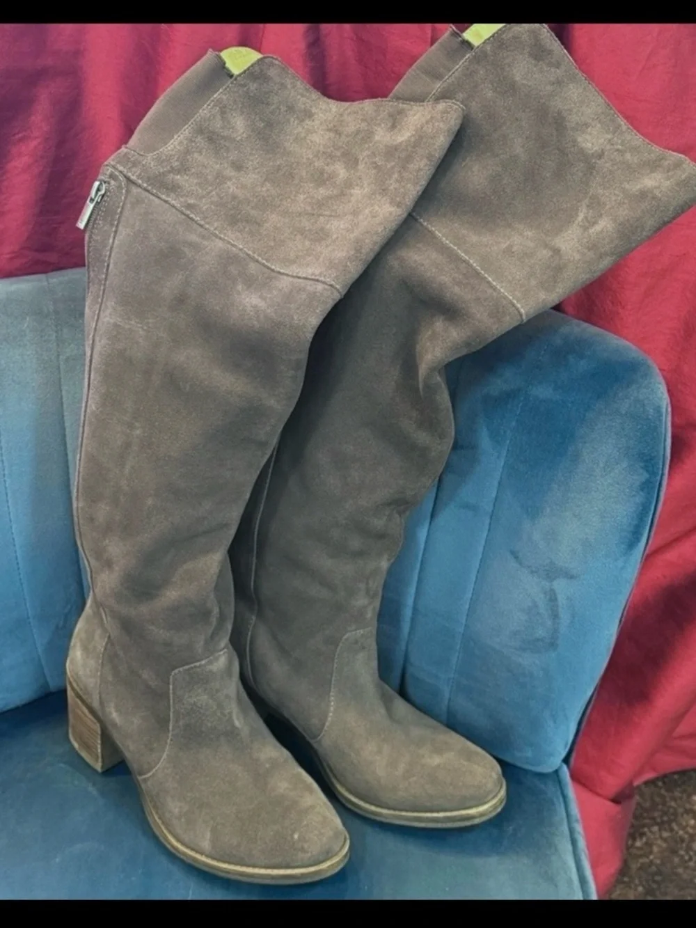 Lucky Brand Rayla OTK Boots Gray Suede Leather Size 8 Block Heel